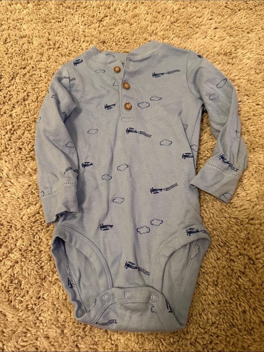 Carters Blue Airplane Print Long-Sleeve Baby One-Piece size 12M
